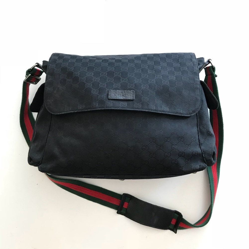 Gucci black monogram messenger diaper bag